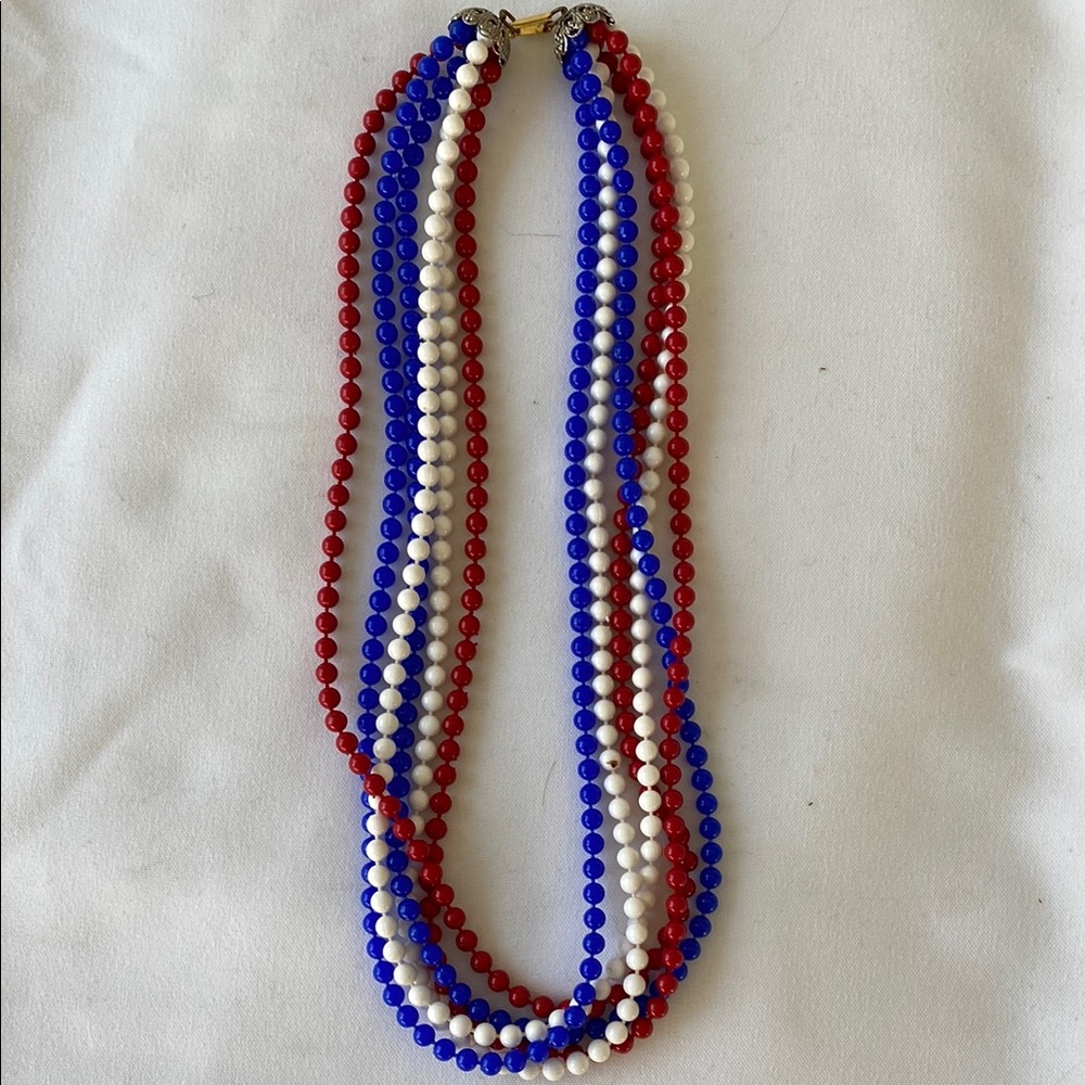 Necklace 6 Strand Red-White-Blue Vintage